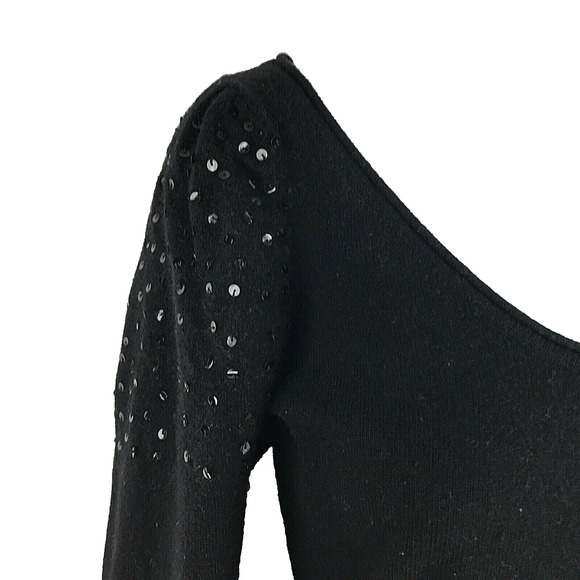 BEBE Sweater M Lambs Wool Cashmere Black Long Sleeve Embellished Ruffle Shoulder - Picture 2 of 7